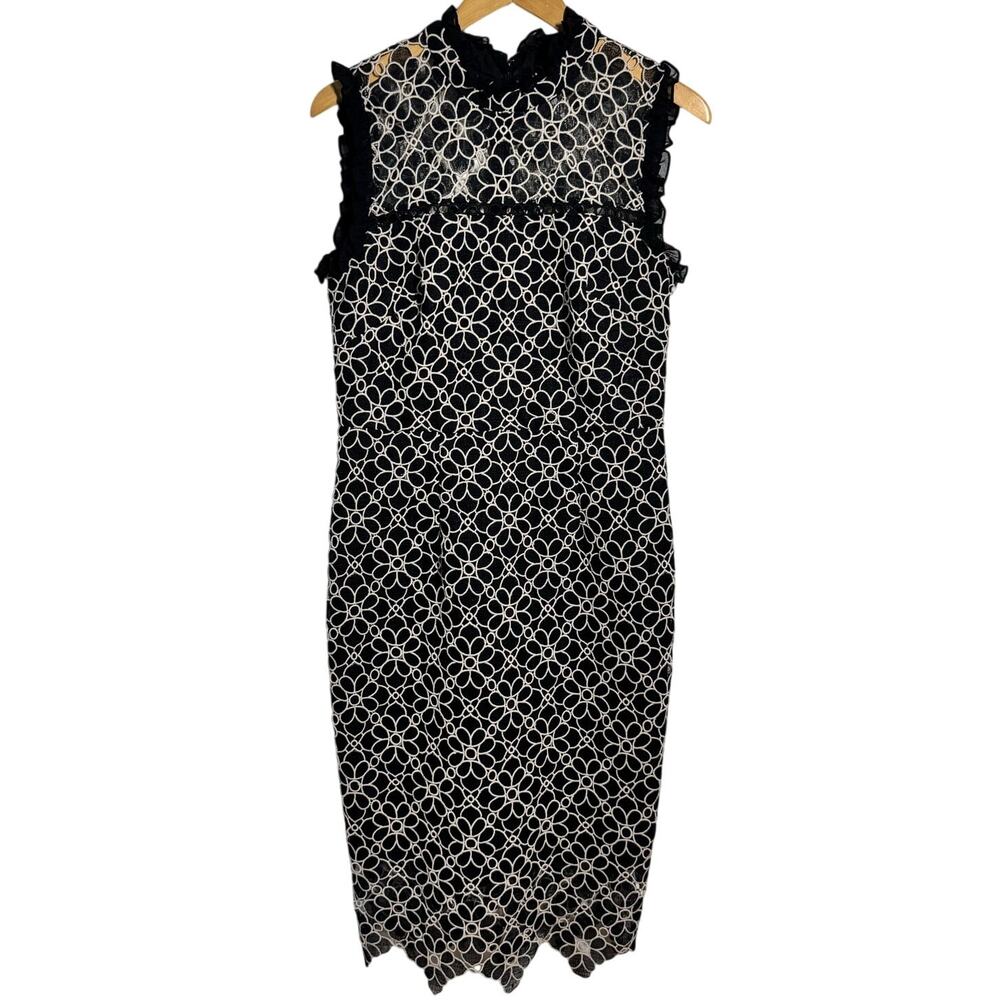 ML Monique Lhuillier Sheath Dress Women 10 Black Ivory Lace Wedding Guest Floral